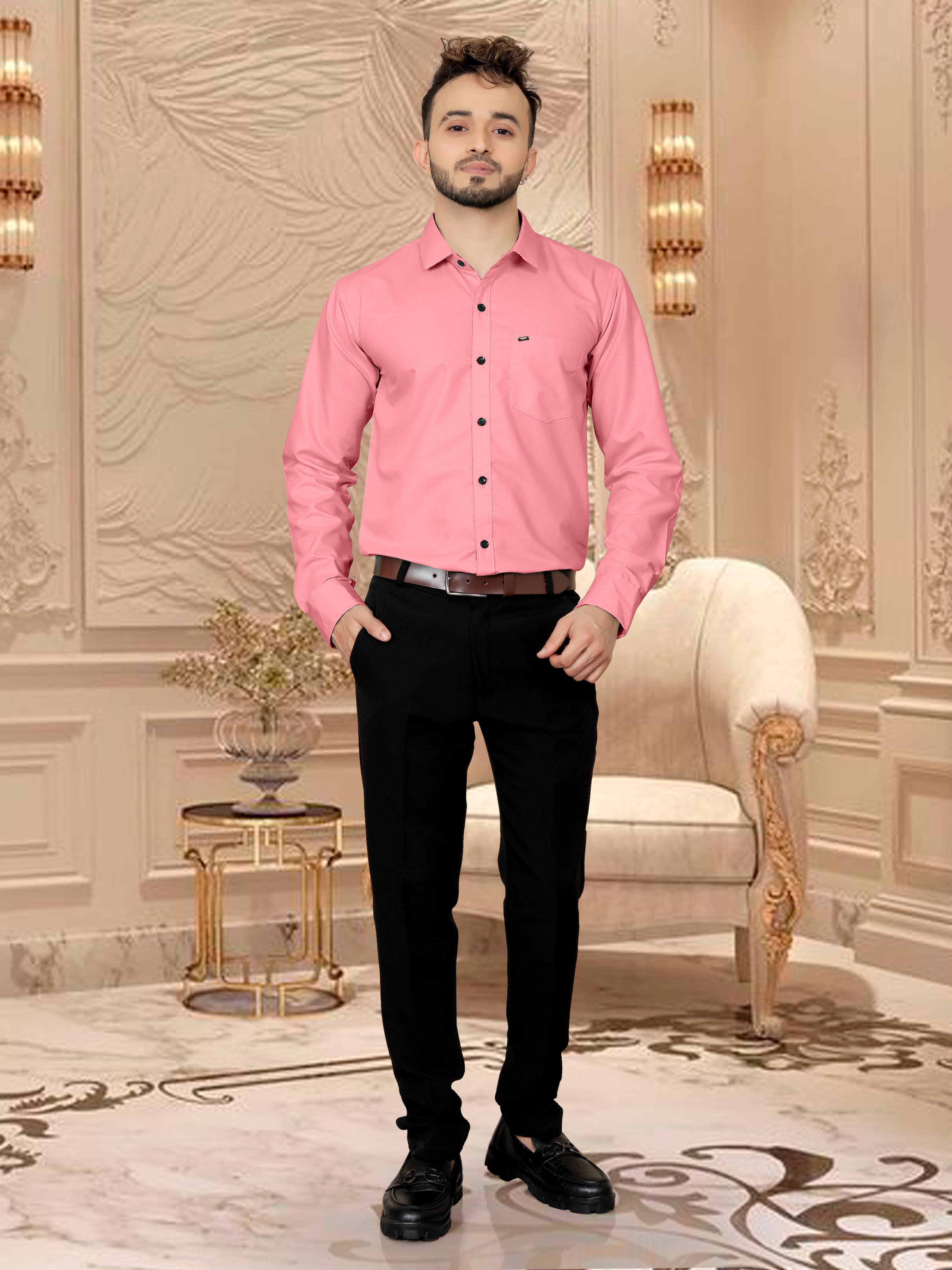     			Fashionfricks Cotton Blend Regular Fit Solids Full Sleeves Men's Casual Shirt - Pink ( Pack of 1 )