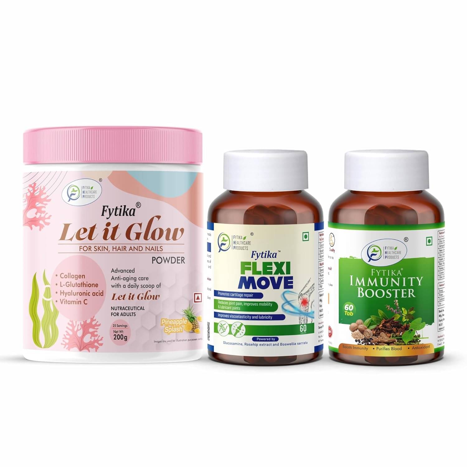     			Fytika Let it Glow Pineapple, Collagen Powder-200G + Fytika Flexi Move| Glucosamine, Rosehip Powder extract-60 Tabs + Fytika Immunity Booster (Immune system support)-60 Tabs