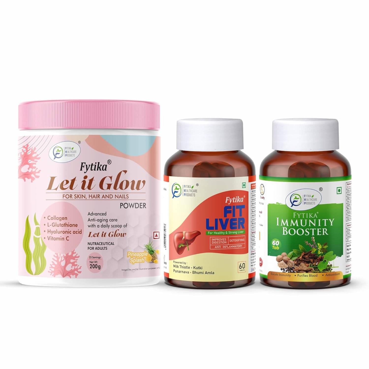 Fytika Let it Glow Pineapple, Collagen Powder-200G + Fytika Fit Liver (Liver Detox Supplement)-60 Tabs + Fytika Immunity Booster (Immune system support)-60 Tabs Fytika Let it Glow Pineapple, Collagen Powder-200G + Fytika Fit Liver (Liver Detox Supplement)-60 Tabs + Fytika Immunity Booster (Immune system support)-60 Tabs