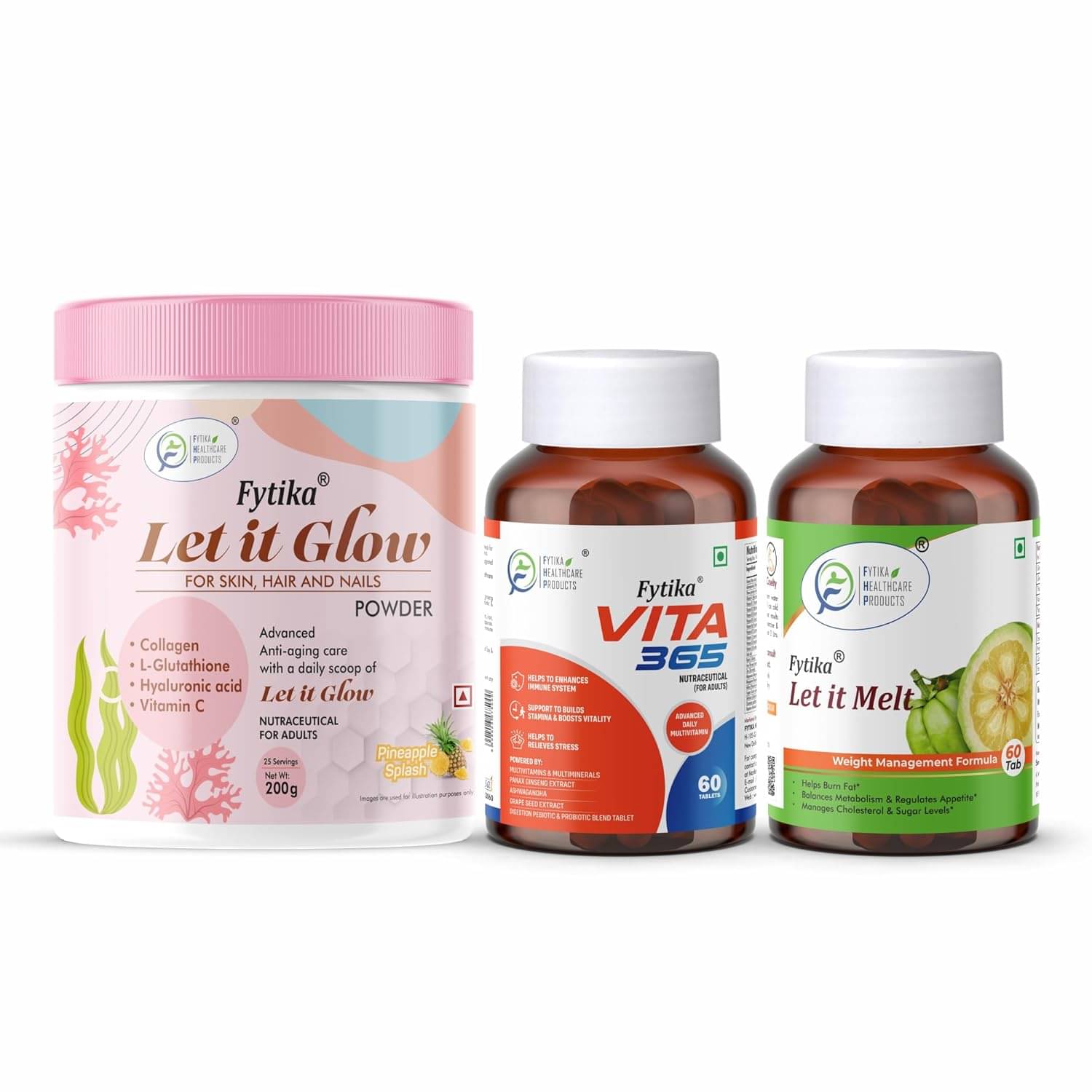 Fytika Let it Glow Pineapple, Collagen Powder-200G + Fytika Vita 365, 3 in 1 Multivitamin-60 Tabs + Fytika Let it melt with Garcinia Cambogia, Green coffee-60 Tabs Fytika Let it Glow Pineapple, Collagen Powder-200G + Fytika Vita 365, 3 in 1 Multivitamin-60 Tabs + Fytika Let it melt with Garcinia Cambogia, Green coffee-60 Tabs