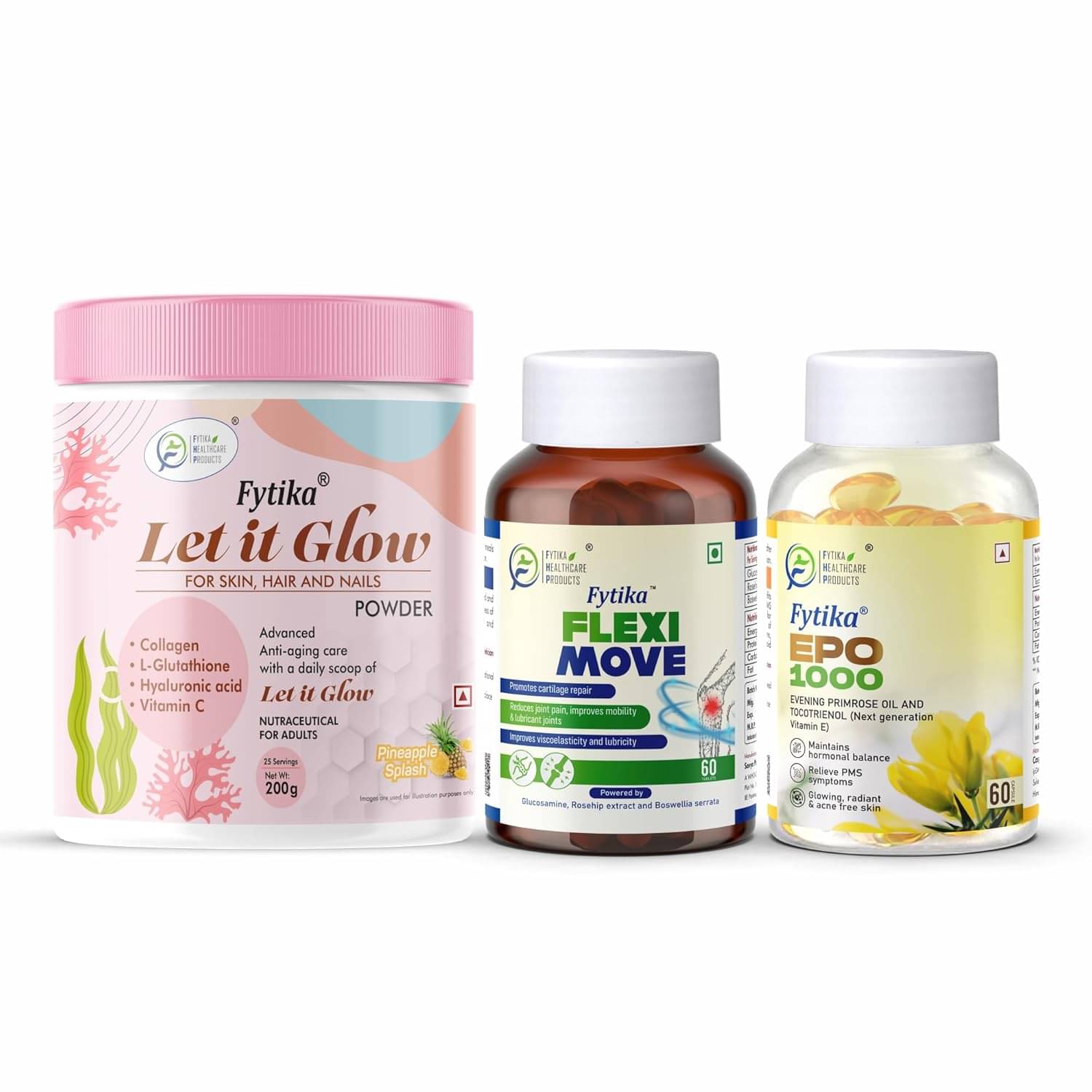 Fytika Let it Glow Pineapple, Collagen Powder-200G + Fytika Flexi Move| Glucosamine, Rosehip Powder extract-60 Tabs + Fytika EPO1000 Evening Primrose Oil-60 Softgel Fytika Let it Glow Pineapple, Collagen Powder-200G + Fytika Flexi Move| Glucosamine, Rosehip Powder extract-60 Tabs + Fytika EPO1000 Evening Primrose Oil-60 Softgel