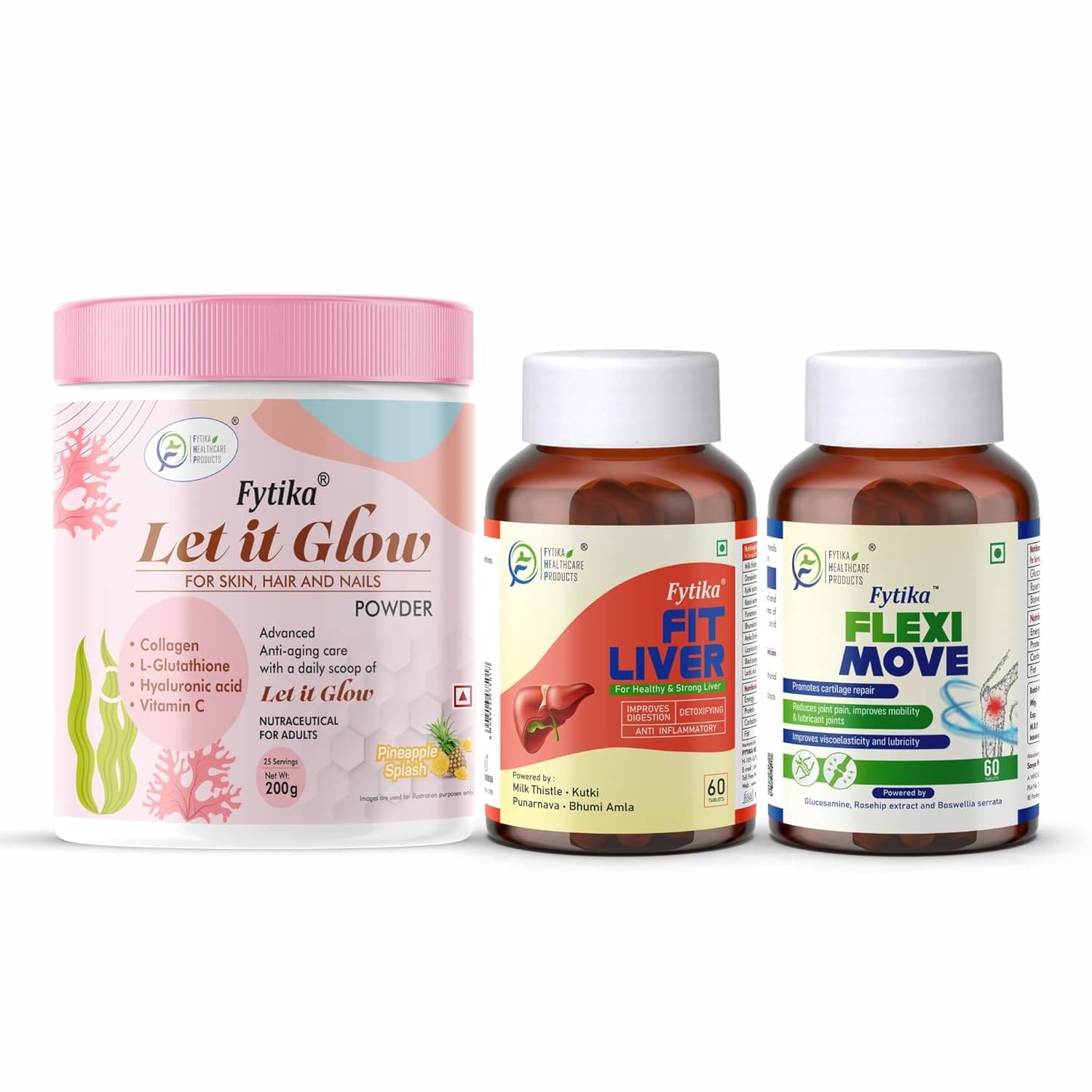 Fytika Let it Glow Pineapple, Collagen Powder-200G + Fytika Fit Liver (Liver Detox Supplement)-60 Tabs + Fytika Flexi Move| Glucosamine, Rosehip Powder extract-60 Tabs Fytika Let it Glow Pineapple, Collagen Powder-200G + Fytika Fit Liver (Liver Detox Supplement)-60 Tabs + Fytika Flexi Move| Glucosamine, Rosehip Powder extract-60 Tabs