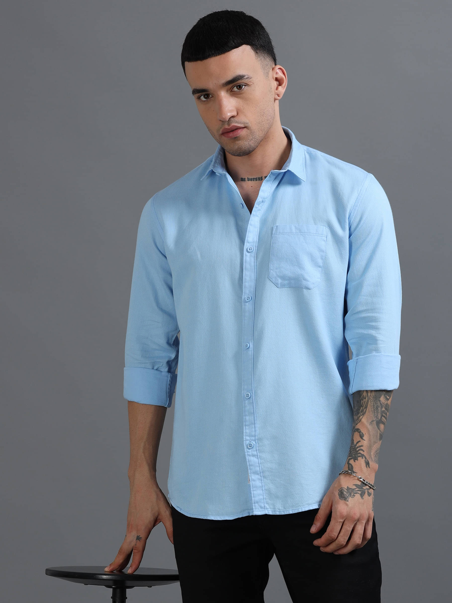     			HETIERS 100% Cotton Regular Fit Self Design Full Sleeves Men's Casual Shirt - Light Blue ( Pack of 1 )