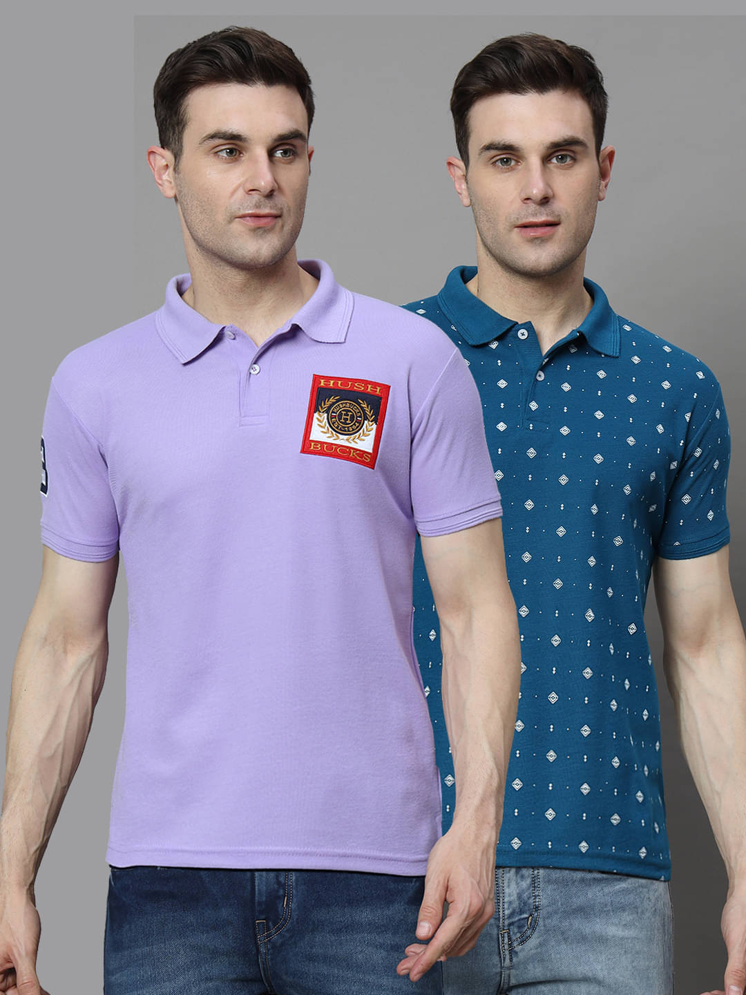     			Hushbucks Pack of 2 Cotton Blend Regular Fit Embroidered Half Sleeves Men's Polo T Shirt ( Lavender )