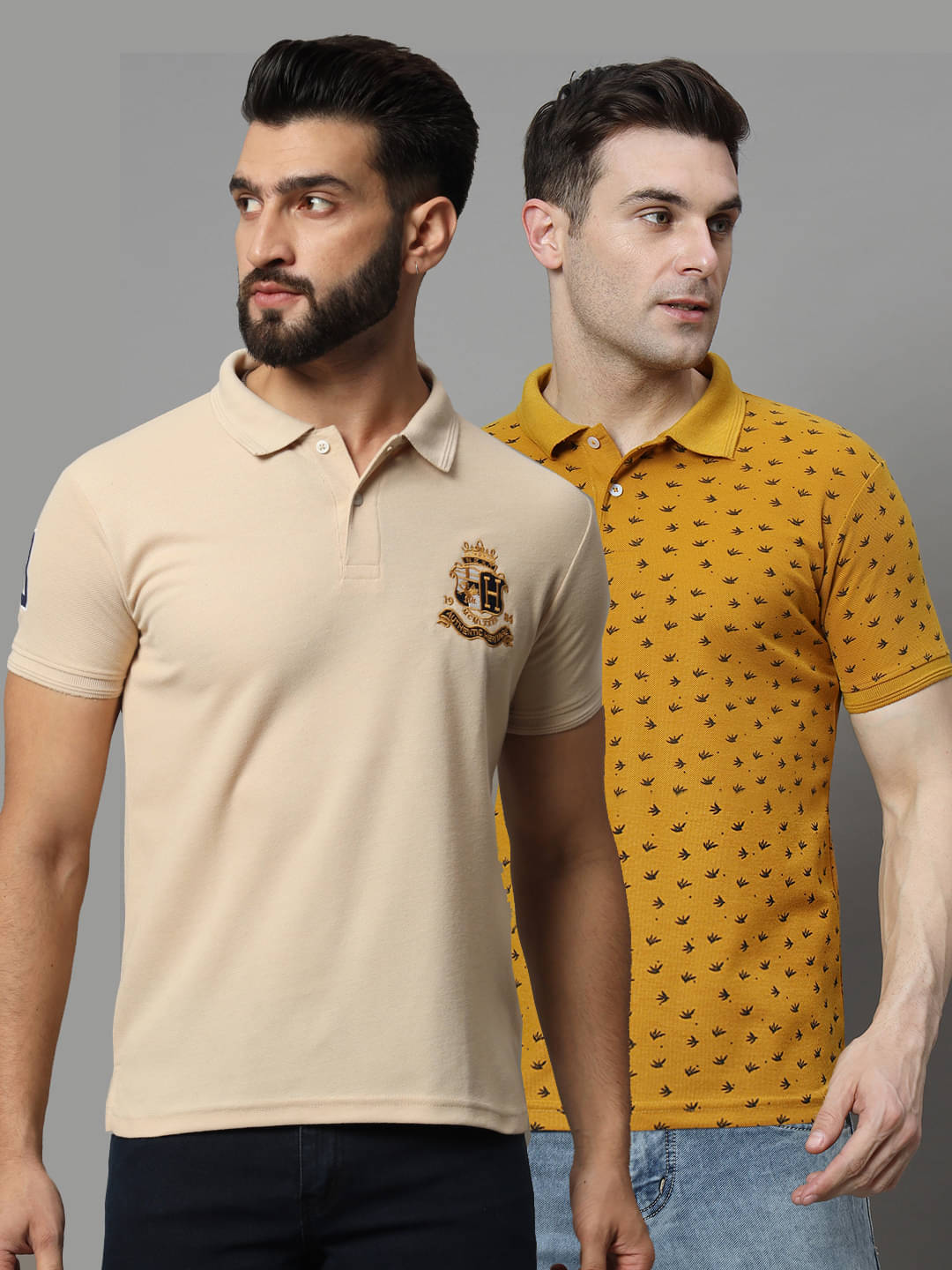 Hushbucks Pack of 2 Cotton Blend Regular Fit Printed Half Sleeves Men's Polo T Shirt ( Beige ) Hushbucks Pack of 2 Cotton Blend Regular Fit Printed Half Sleeves Men's Polo T Shirt ( Beige )
