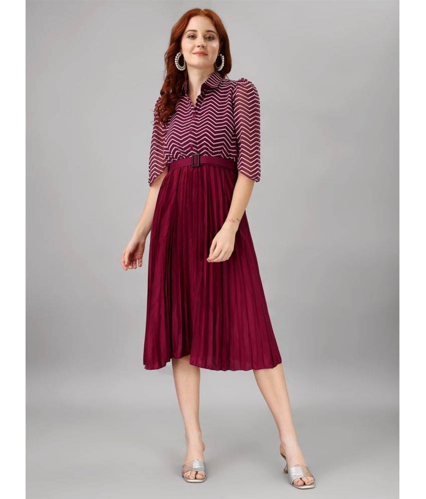 JASH CREATION Polyester Printed Knee Length Women's Fit & Flare Dress - Purple ( Pack of 1 ) JASH CREATION Polyester Printed Knee Length Women's Fit & Flare Dress - Purple ( Pack of 1 )