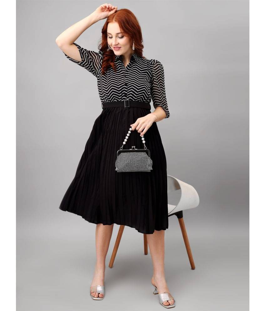 JASH CREATION Polyester Printed Knee Length Women's Fit & Flare Dress - Black ( Pack of 1 ) JASH CREATION Polyester Printed Knee Length Women's Fit & Flare Dress - Black ( Pack of 1 )