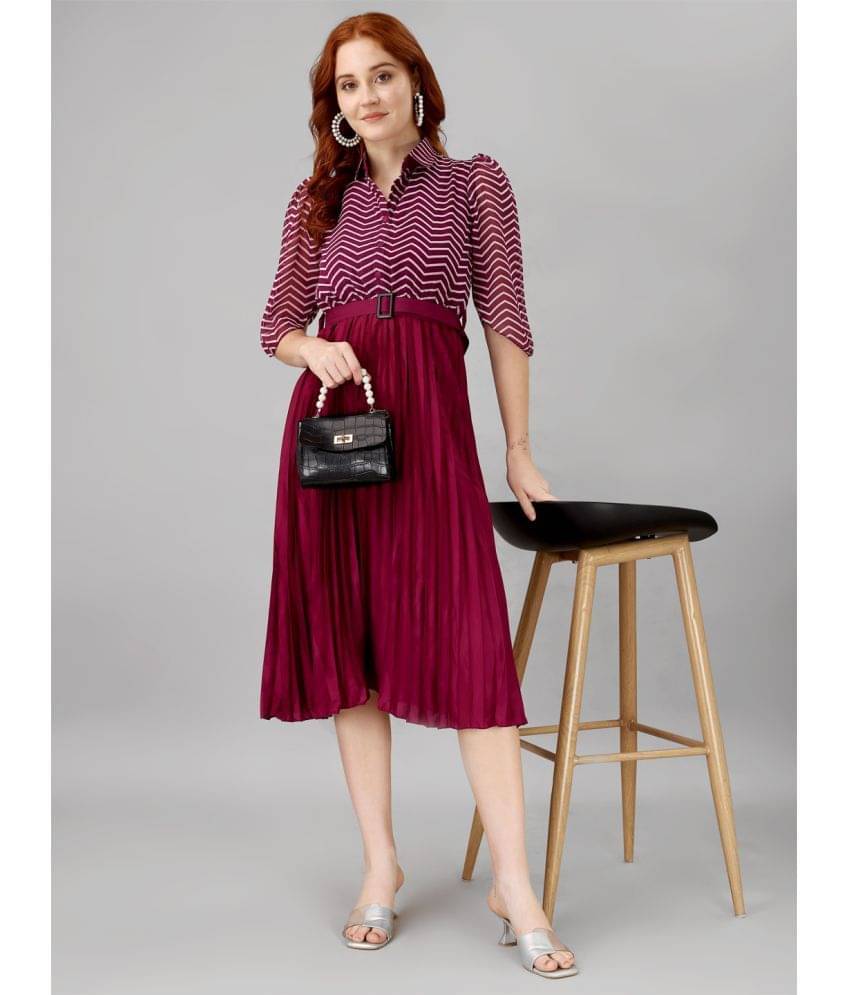     			Krunal Raiyani Polyester Printed Knee Length Women's Fit & Flare Dress - Purple ( Pack of 1 )