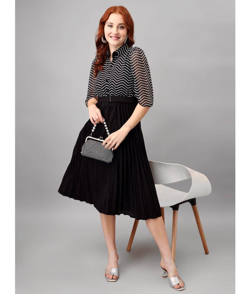 Krunal Raiyani Polyester Printed Knee Length Women's Fit & Flare Dress - Black ( Pack of 1 )     			Krunal Raiyani Polyester Printed Knee Length Women's Fit & Flare Dress - Black ( Pack of 1 )