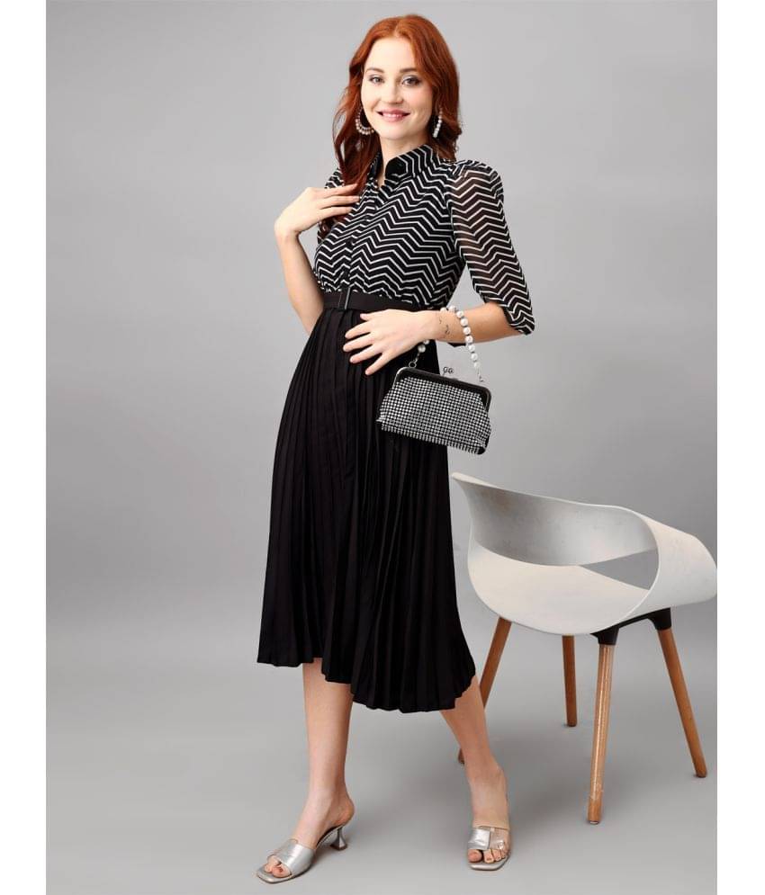     			Krunal Raiyani Polyester Printed Knee Length Women's Fit & Flare Dress - Black ( Pack of 1 )