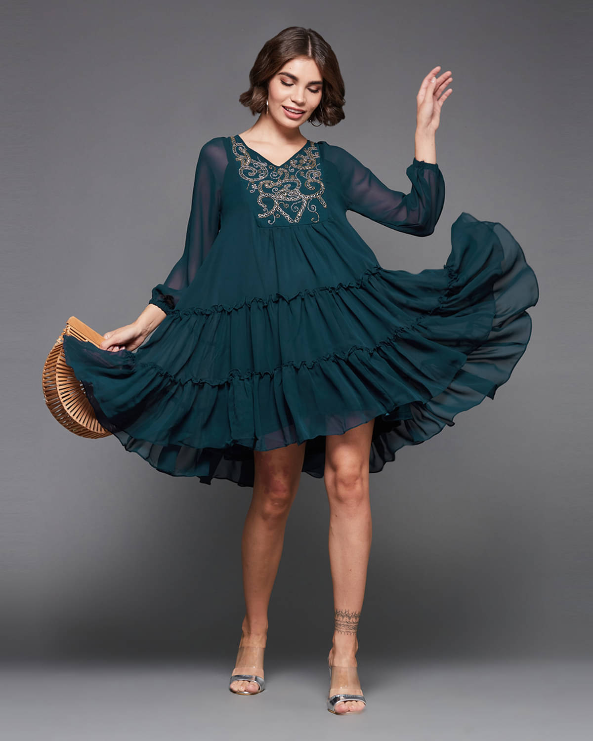     			Miss Chase Women Polyester Embellished Fit & Flare Dress ( Teal )