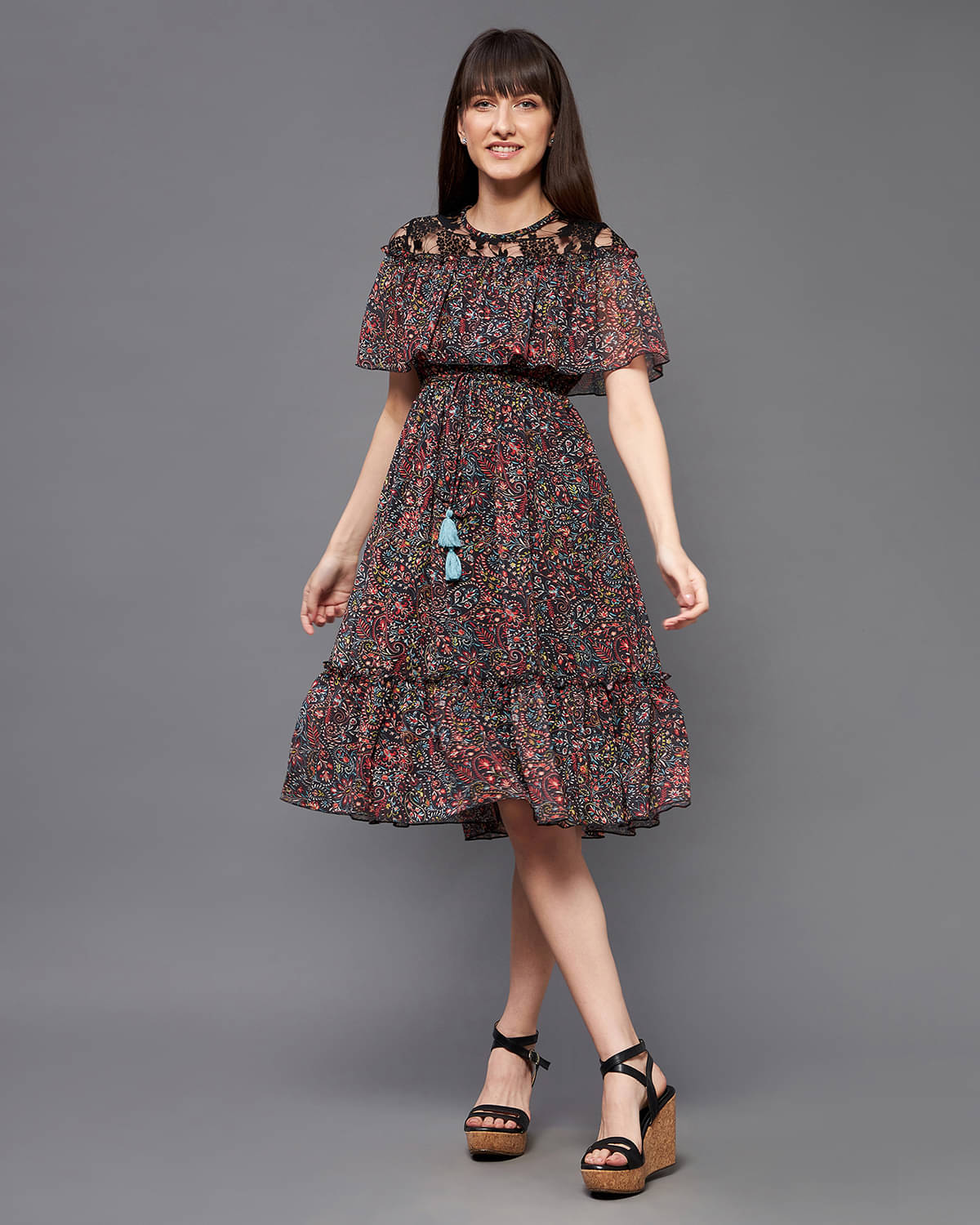 Miss Chase Polyester Printed Knee Length Women's Fit & Flare Dress - Black ( Pack of 1 ) Miss Chase Polyester Printed Knee Length Women's Fit & Flare Dress - Black ( Pack of 1 )