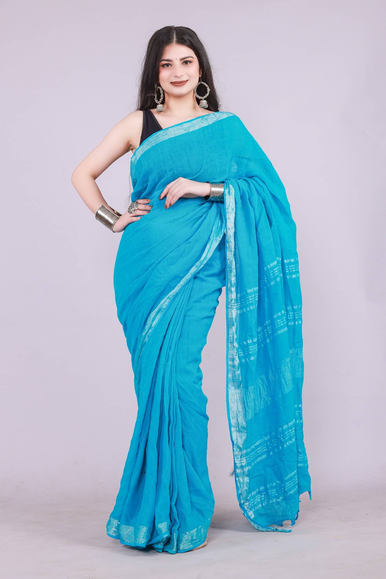     			NOITAERCPR Cotton Printed Saree With Unstitched Blouse Piece ( Blue )
