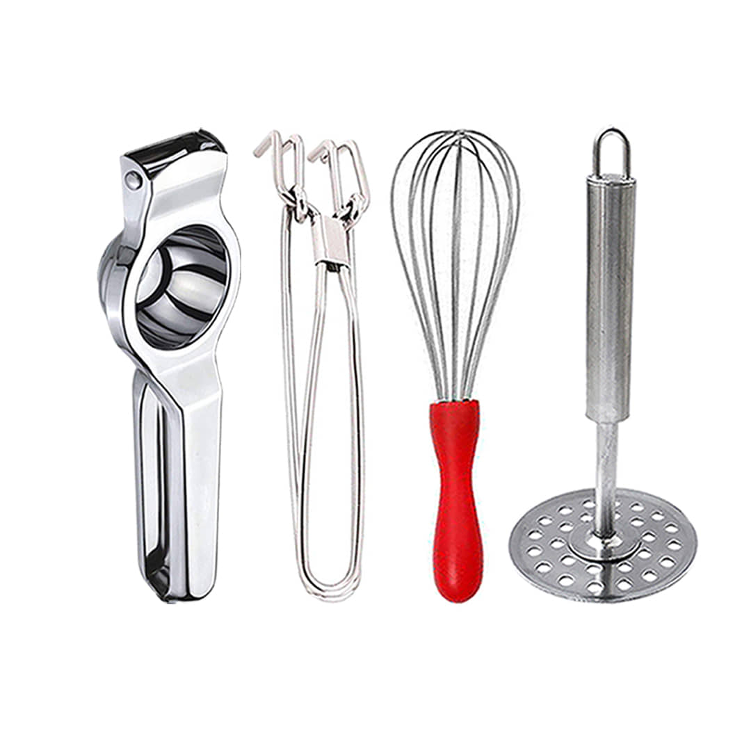 OC9 Silver Stainless Steel Lemon Squeezer+Pakkad+Whisk+Potato Masher ( Set of 4 )