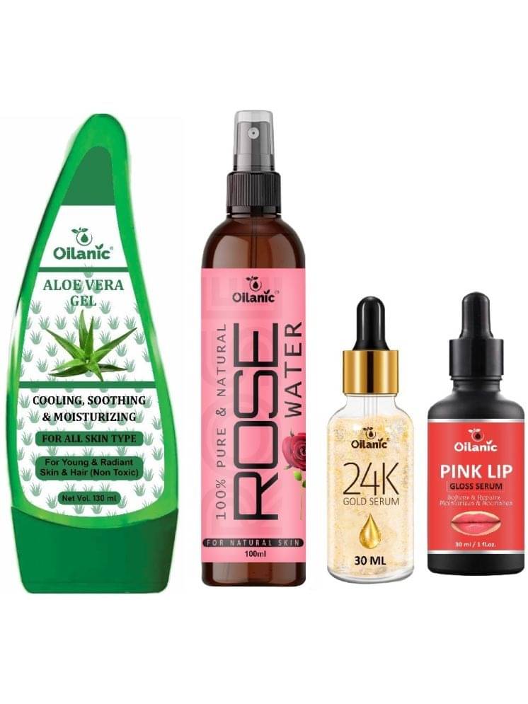 Pure Aloe vera Gel - Moisturizing Skin 130ml, Rose water for Hyrated Skin 100ml, 24K Gold Facial Serum 30ml & Pink Lip Gloss Serum 30ml - Combo of 4 Items Pure Aloe vera Gel - Moisturizing Skin 130ml, Rose water for Hyrated Skin 100ml, 24K Gold Facial Serum 30ml & Pink Lip Gloss Serum 30ml - Combo of 4 Items