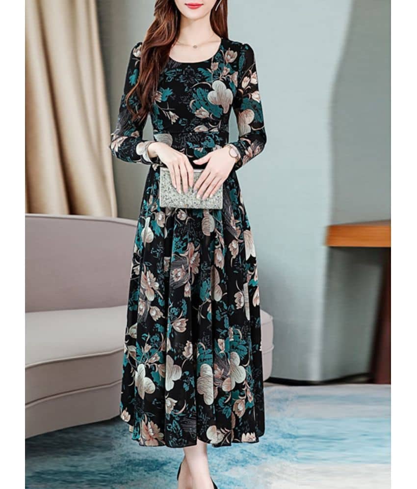 Raabta Fashion Women Crepe Printed Fit & Flare Dress ( Black )