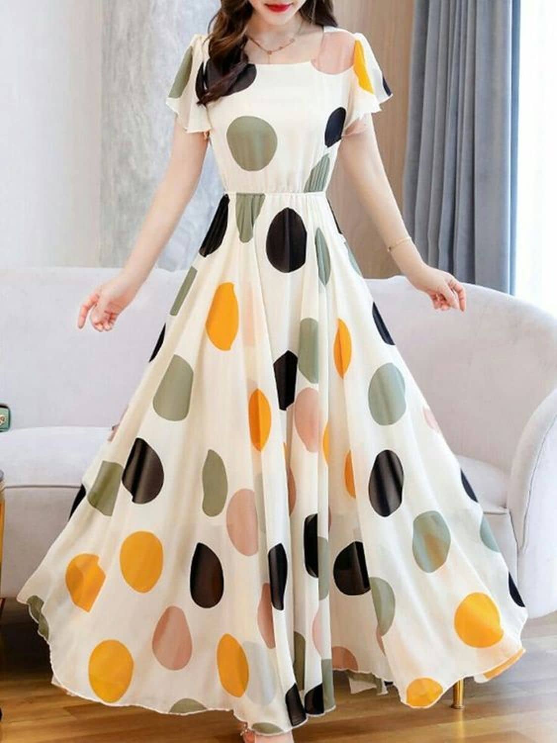 Raabta Fashion Women's Georgette Printed Fit & Flare Dress ( Off White )