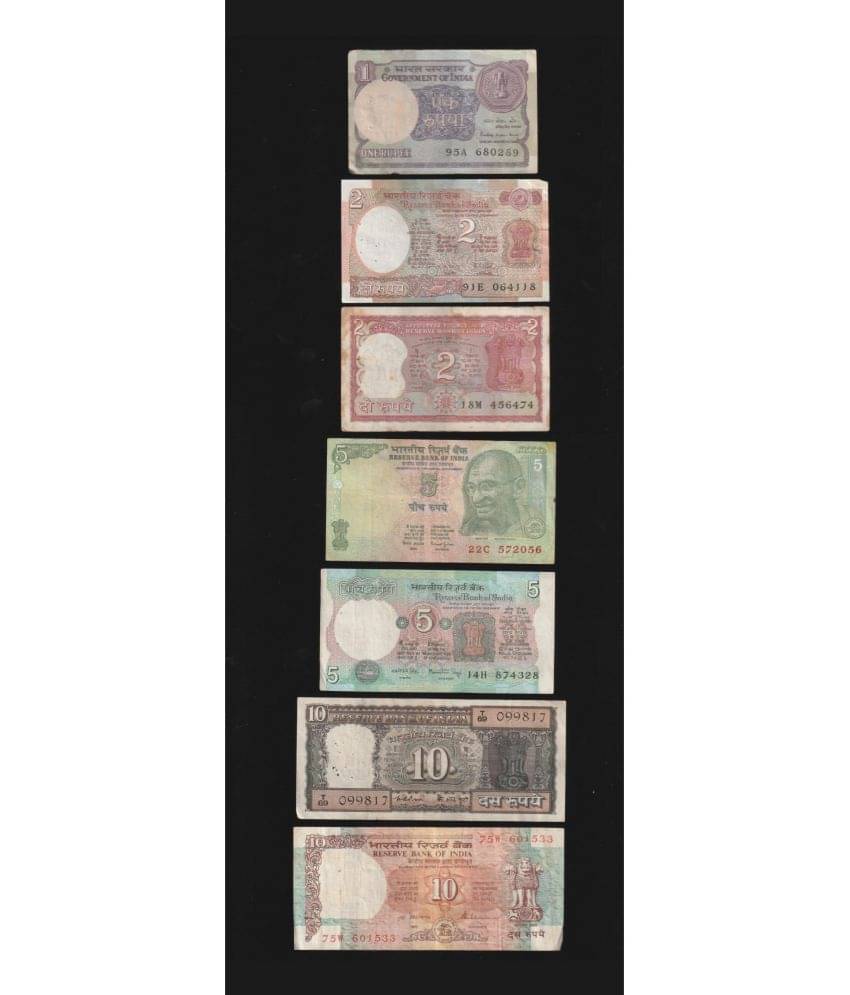     			Rare 7 Different 1 to 10 Rupees India Collectible old Notes
