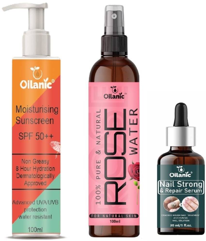 Sunscreen with SPF 50++ Lightweight 100ml, Rose water for Hyrated Skin 100ml & Nail Strong and Repair Serum 30ml - Combo of 3 Items Sunscreen with SPF 50++ Lightweight 100ml, Rose water for Hyrated Skin 100ml & Nail Strong and Repair Serum 30ml - Combo of 3 Items