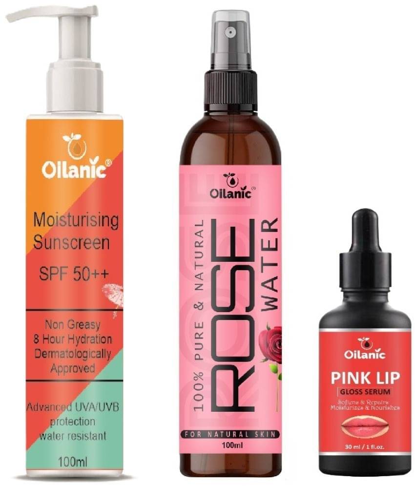 Sunscreen with SPF 50++ Lightweight 100ml, Rose water for Hyrated Skin 100ml & Pink Lip Gloss Serum 30ml - Combo of 3 Items Sunscreen with SPF 50++ Lightweight 100ml, Rose water for Hyrated Skin 100ml & Pink Lip Gloss Serum 30ml - Combo of 3 Items