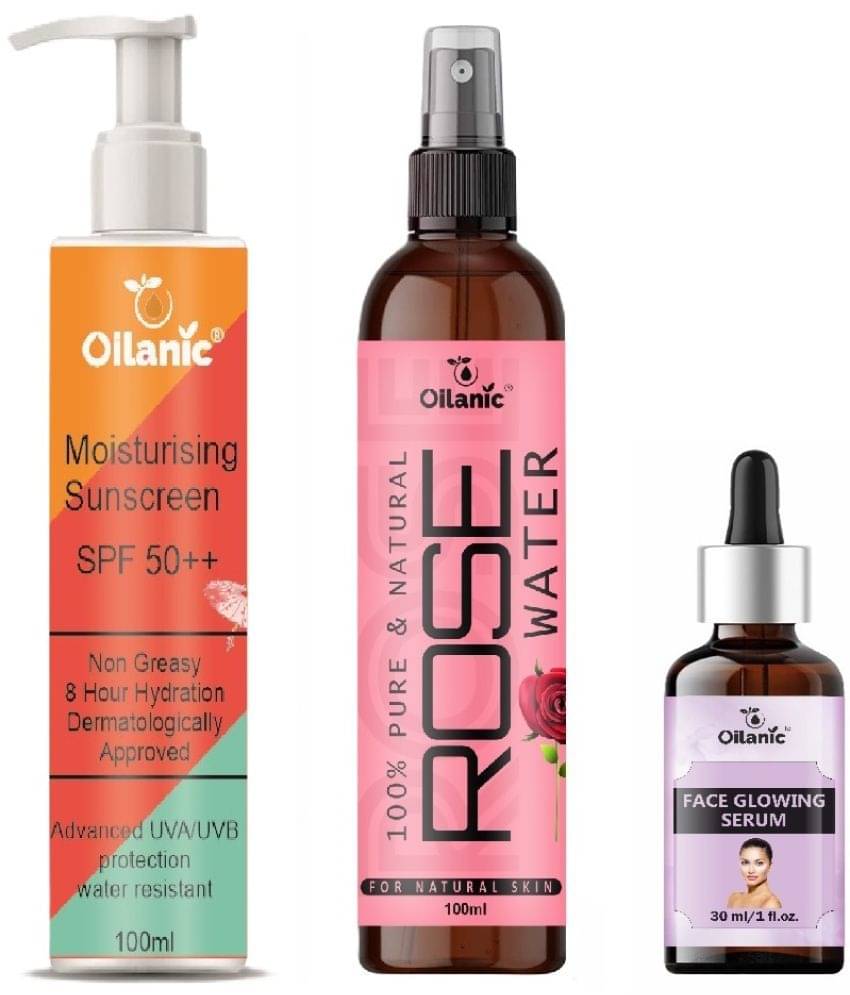     			Sunscreen with SPF 50++ Lightweight 100ml, Rose water for Hyrated Skin 100ml & Face Glowing Serum 30ml - Combo of 3 Items