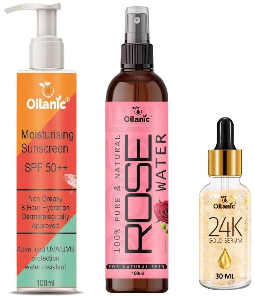     			Sunscreen with SPF 50++ Lightweight 100ml, Rose water for Hyrated Skin 100ml & 24K Gold Facial Serum 30ml - Combo of 3 Items