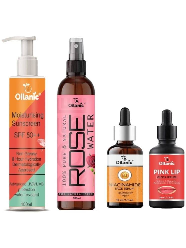 Sunscreen with SPF 50++ Lightweight 100ml, Rose water for Hyrated Skin 100ml, Niacinamide Face Serum 30ml & Pink Lip Gloss Serum 30ml - Combo of 4 Items Sunscreen with SPF 50++ Lightweight 100ml, Rose water for Hyrated Skin 100ml, Niacinamide Face Serum 30ml & Pink Lip Gloss Serum 30ml - Combo of 4 Items