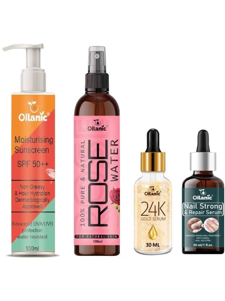     			Sunscreen with SPF 50++ Lightweight 100ml, Rose water for Hyrated Skin 100ml, 24K Gold Facial Serum 30ml & Nail Strong and Repair Serum 30ml - Combo of 4 Items