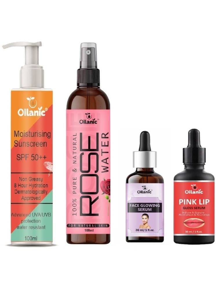 Sunscreen with SPF 50++ Lightweight 100ml, Rose water for Hyrated Skin 100ml, Face Glowing Serum 30ml & Pink Lip Gloss Serum 30ml - Combo of 4 Items Sunscreen with SPF 50++ Lightweight 100ml, Rose water for Hyrated Skin 100ml, Face Glowing Serum 30ml & Pink Lip Gloss Serum 30ml - Combo of 4 Items