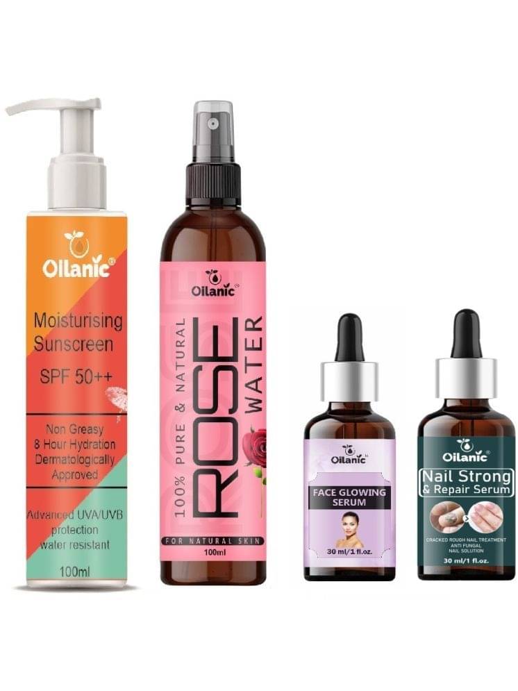 Sunscreen with SPF 50++ Lightweight 100ml, Rose water for Hyrated Skin 100ml, Face Glowing Serum 30ml & Nail Strong and Repair Serum 30ml - Combo of 4 Items     			Sunscreen with SPF 50++ Lightweight 100ml, Rose water for Hyrated Skin 100ml, Face Glowing Serum 30ml & Nail Strong and Repair Serum 30ml - Combo of 4 Items