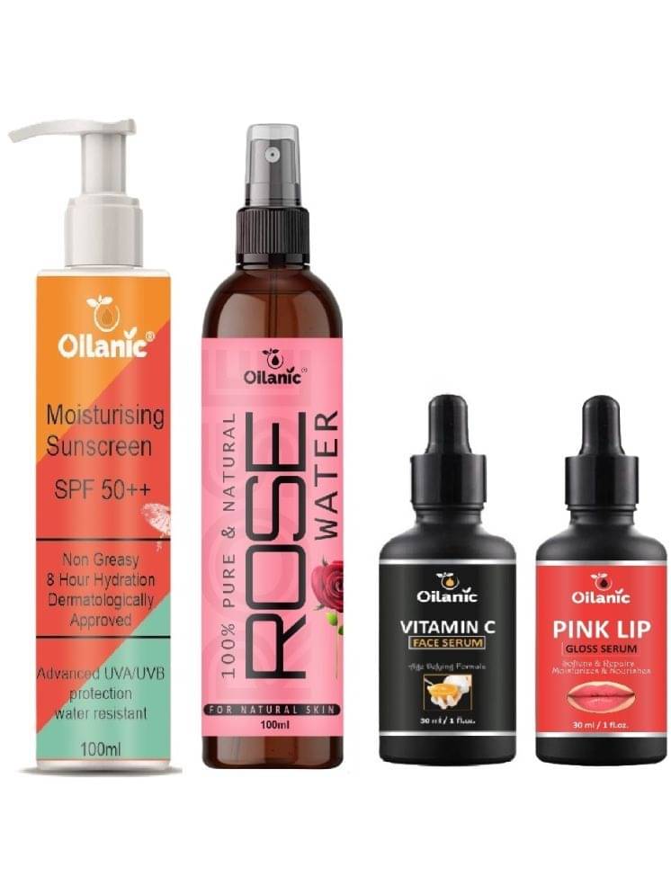 Sunscreen with SPF 50++ Lightweight 100ml, Rose water for Hyrated Skin 100ml, Vitamin C Face Serum 30ml & Pink Lip Gloss Serum 30ml - Combo of 4 Items Sunscreen with SPF 50++ Lightweight 100ml, Rose water for Hyrated Skin 100ml, Vitamin C Face Serum 30ml & Pink Lip Gloss Serum 30ml - Combo of 4 Items