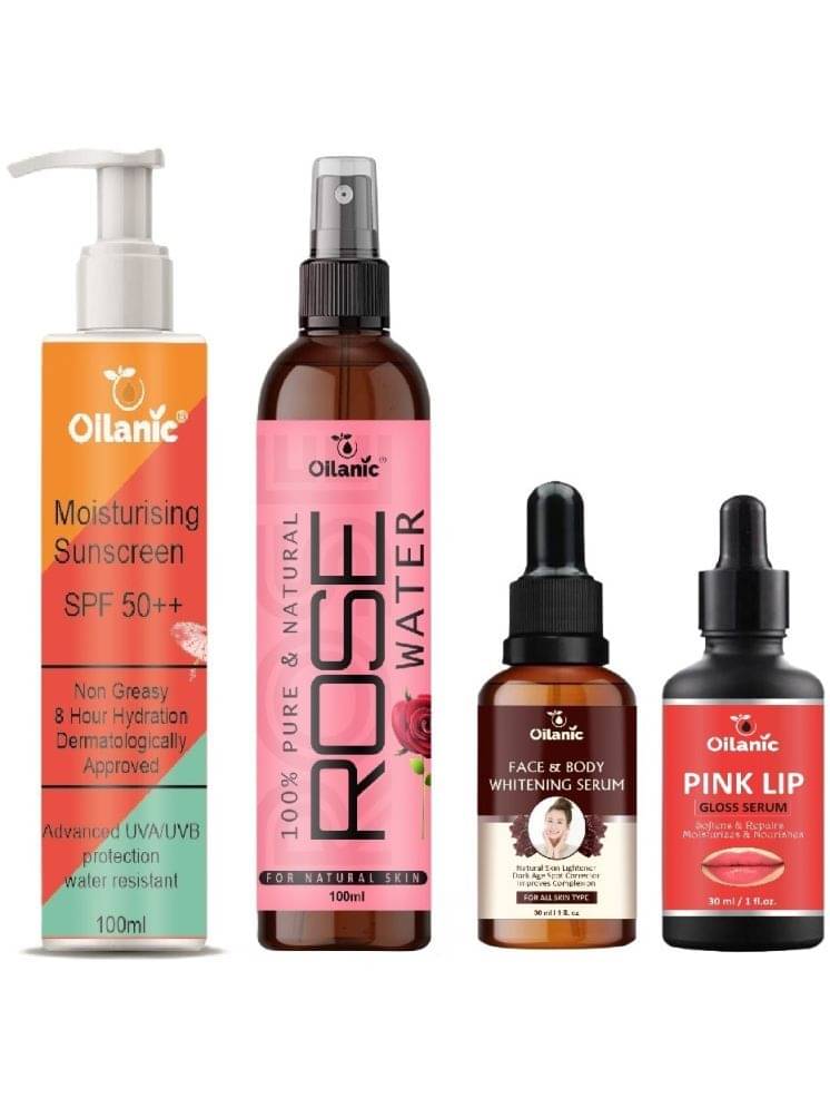 Sunscreen with SPF 50++ Lightweight 100ml, Rose water for Hyrated Skin 100ml, Face and Body whitening Serum 30ml & Pink Lip Gloss Serum 30ml - Combo of 4 Items Sunscreen with SPF 50++ Lightweight 100ml, Rose water for Hyrated Skin 100ml, Face and Body whitening Serum 30ml & Pink Lip Gloss Serum 30ml - Combo of 4 Items
