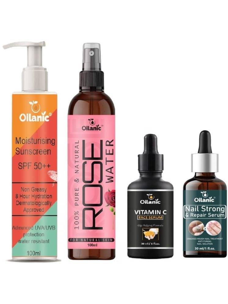 Sunscreen with SPF 50++ Lightweight 100ml, Rose water for Hyrated Skin 100ml, Vitamin C Face Serum 30ml & Nail Strong and Repair Serum 30ml - Combo of 4 Items Sunscreen with SPF 50++ Lightweight 100ml, Rose water for Hyrated Skin 100ml, Vitamin C Face Serum 30ml & Nail Strong and Repair Serum 30ml - Combo of 4 Items