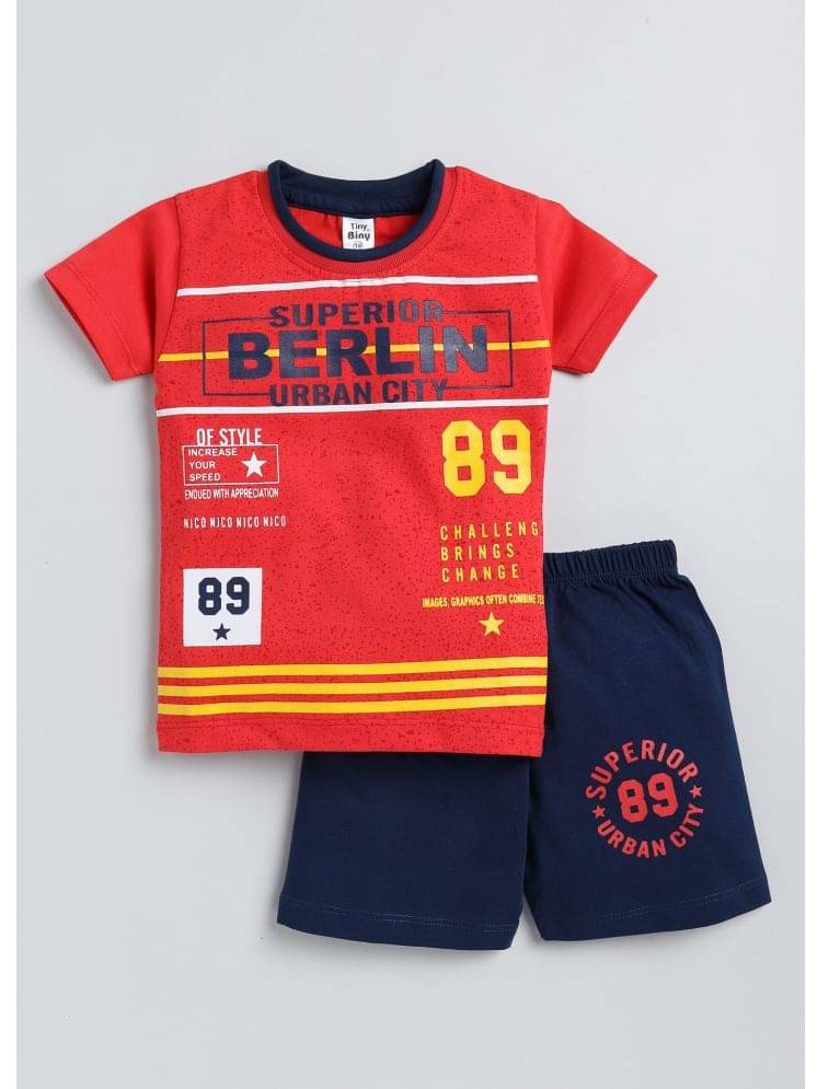     			TINY BINY Pack of 1 Boys Cotton T-Shirt & Shorts Set ( Red )