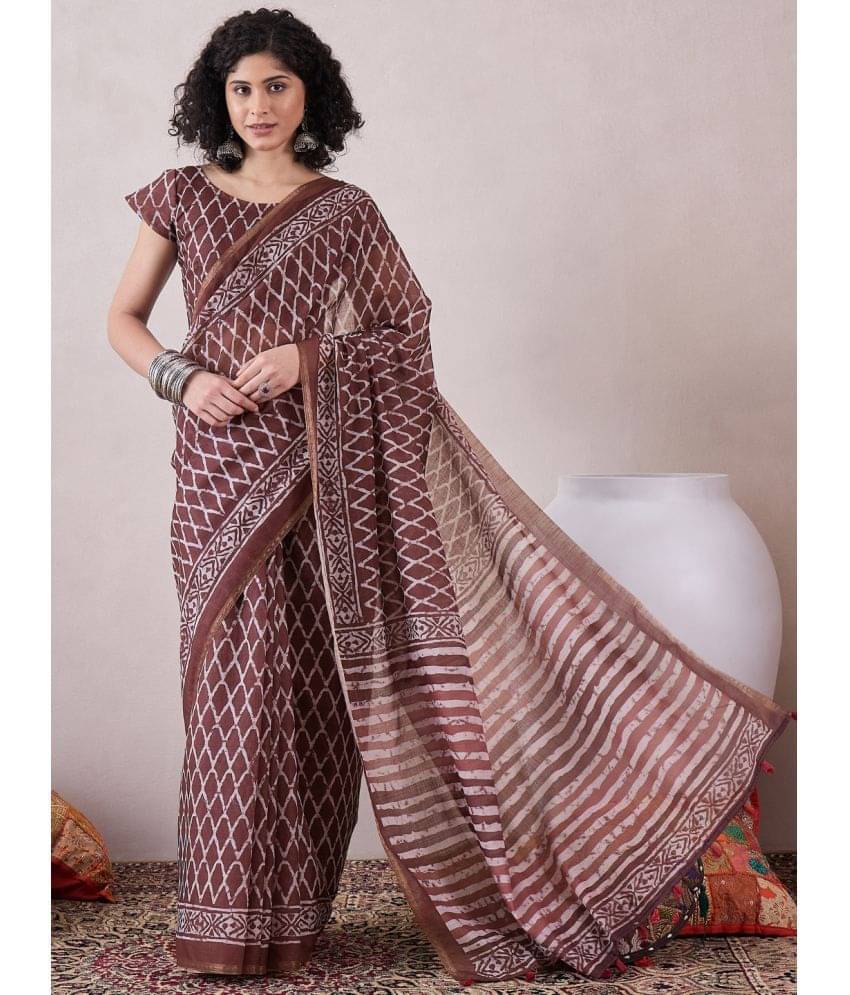 Vaamsi Linen Printed Saree With Unstitched Blouse Piece ( Brown ) Vaamsi Linen Printed Saree With Unstitched Blouse Piece ( Brown )