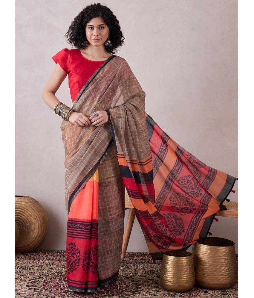Vaamsi Linen Printed Saree With Unstitched Blouse Piece ( Brown ) Vaamsi Linen Printed Saree With Unstitched Blouse Piece ( Brown )
