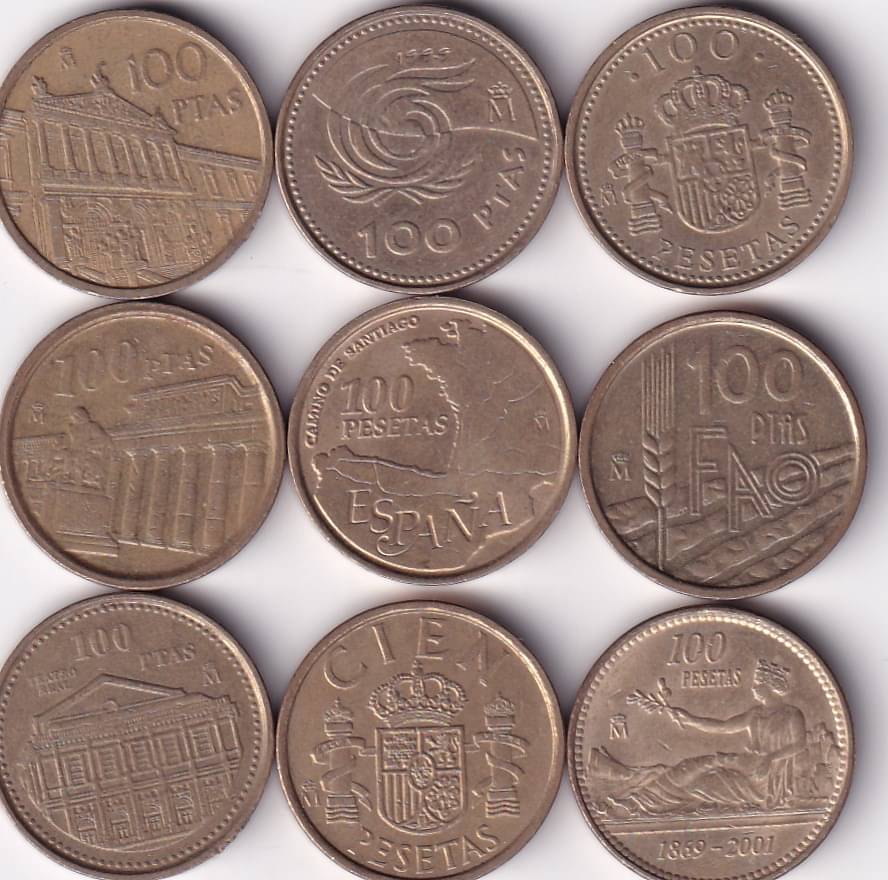 ESPANA 100 PTAS COMMEMORATIVE 9 DIFFERENT COINS EXTREMELY RARE ( 9 PCS SET) ESPANA 100 PTAS COMMEMORATIVE 9 DIFFERENT COINS EXTREMELY RARE ( 9 PCS SET)