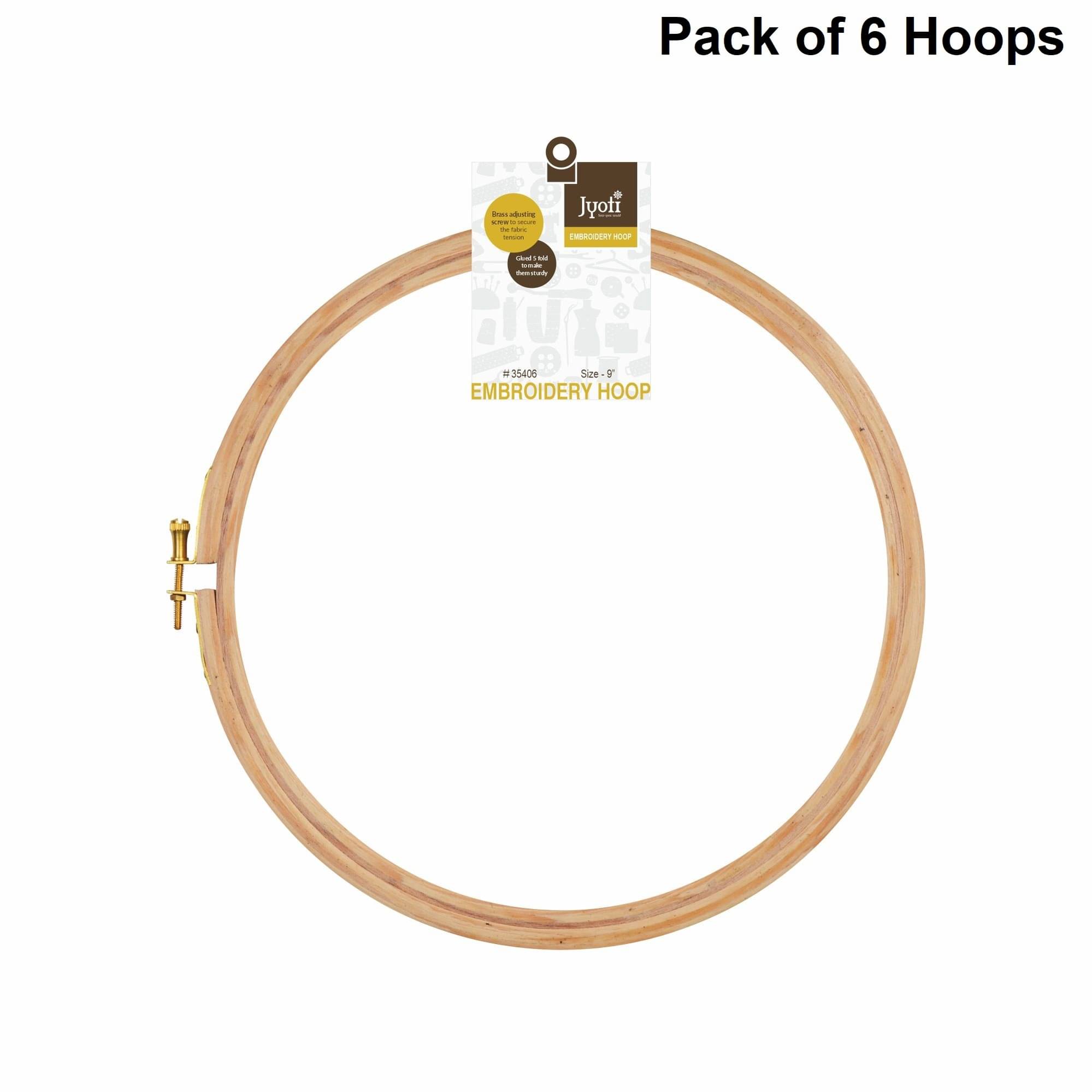     			Jyoti Embroidery Hoop, Wooden Round Adjustable, (6 Pieces of 9 Inches with Brass Fitting), Easily Loosen/Tighten, Cross Stitch Hoop Ring for Sewing, Needlework, Craft Projects & Ornaments - Pack of 6