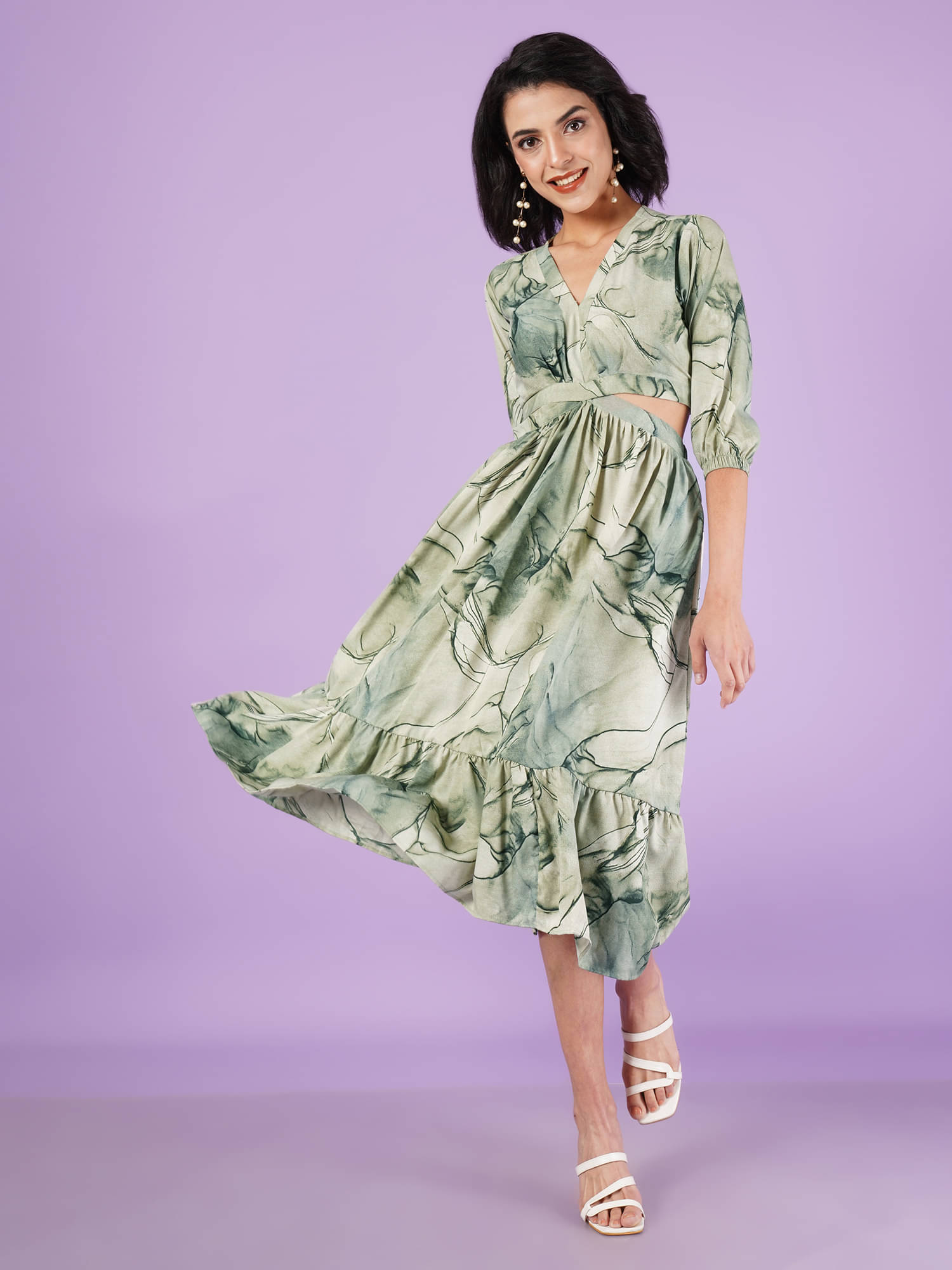 OTABU Polyester Printed Midi Women's Cut Out Dress - Green ( Pack of 1 ) OTABU Polyester Printed Midi Women's Cut Out Dress - Green ( Pack of 1 )