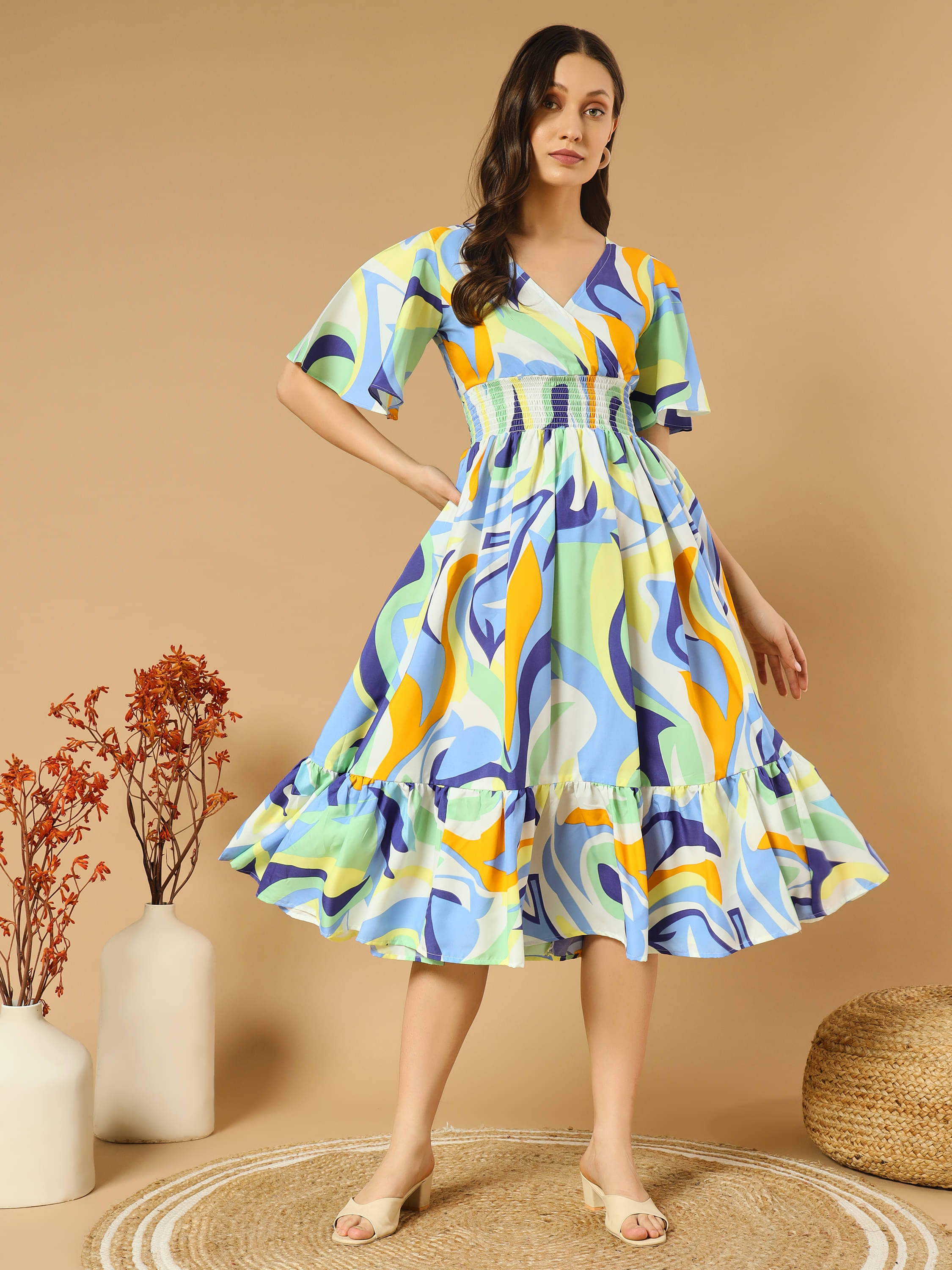 OTABU Women Polyester Printed Fit & Flare Dress ( Green ) OTABU Women Polyester Printed Fit & Flare Dress ( Green )