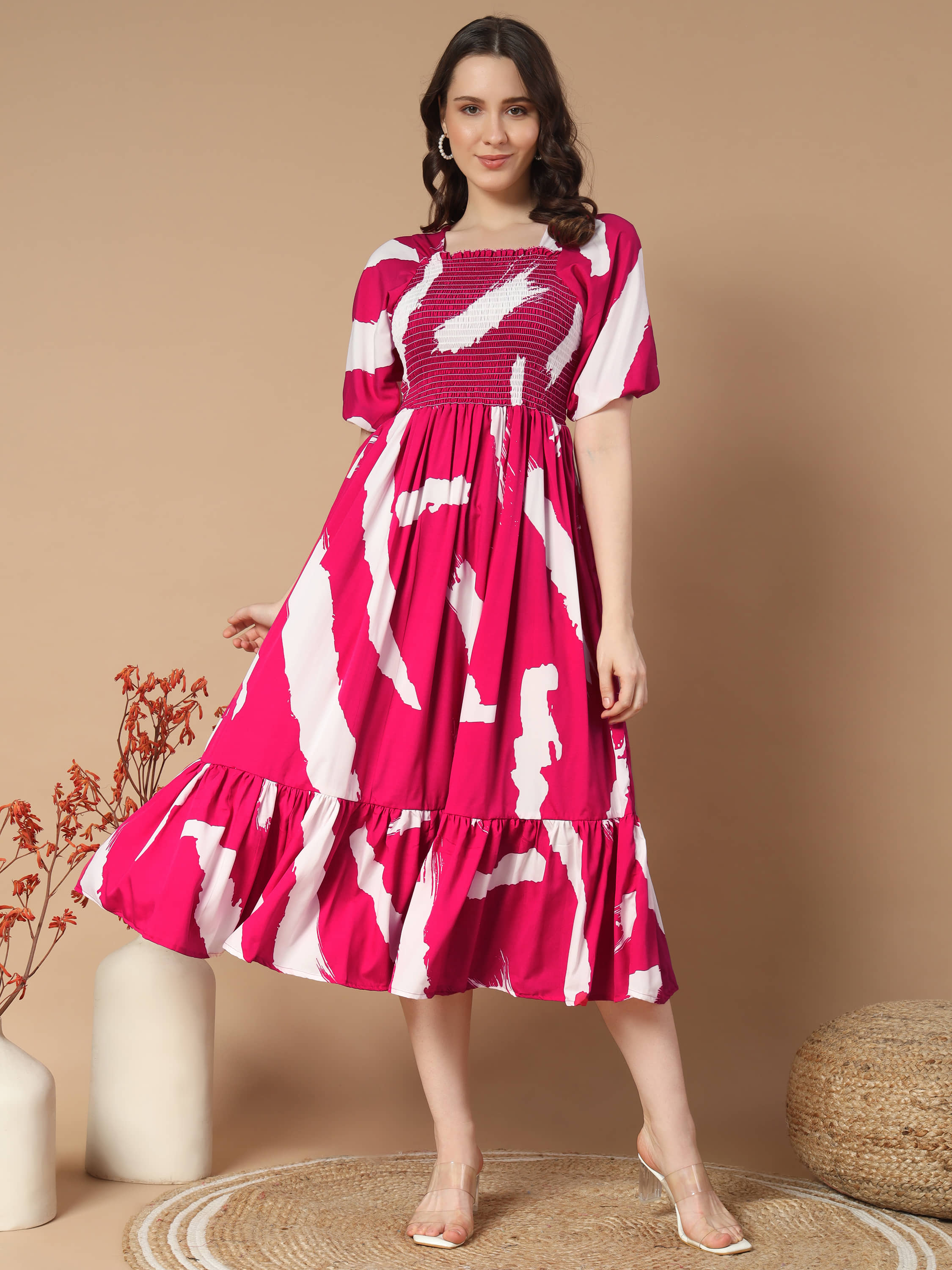 OTABU Women Polyester Printed Fit & Flare Dress ( Coffee )
