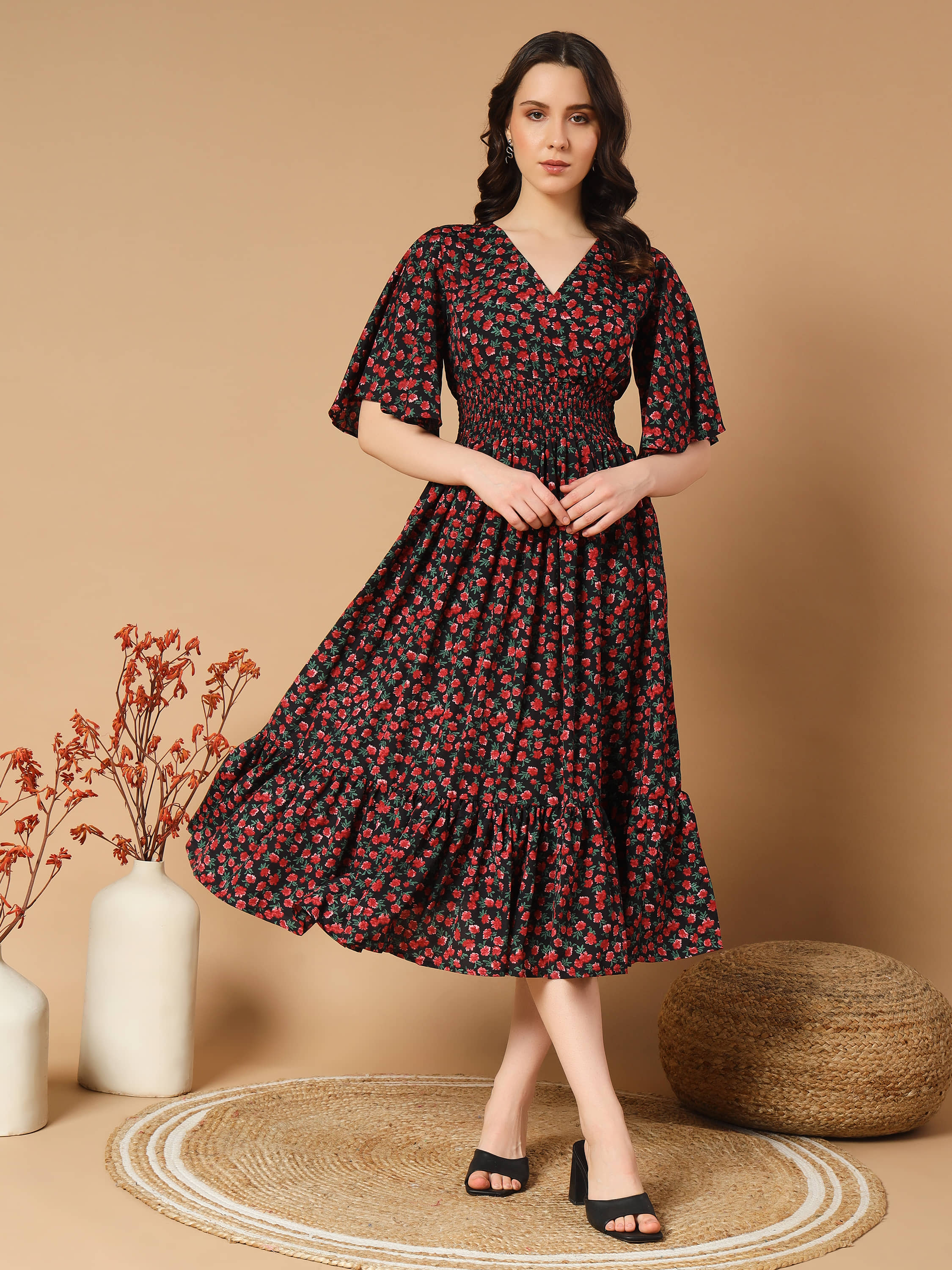 OTABU Women Polyester Printed Fit & Flare Dress ( Pink )