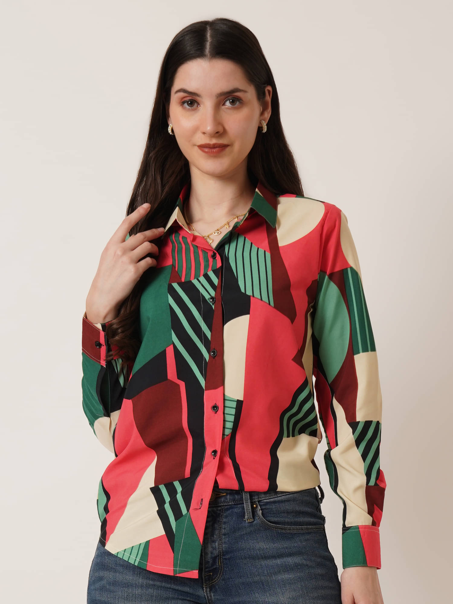     			OTABU Women Printed Polyester Shirt ( Red )