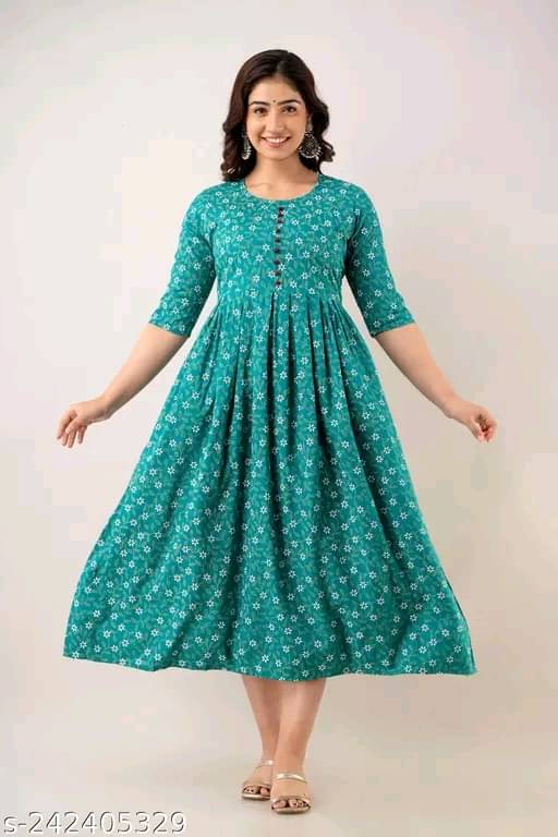 RIAANA Cotton Printed Flared Women's Kurti - Green ( Pack of 1 ) RIAANA Cotton Printed Flared Women's Kurti - Green ( Pack of 1 )