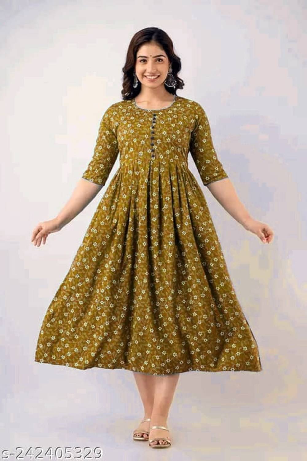 RIAANA Women Cotton Printed Flared Kurti ( Mustard )     			RIAANA Women Cotton Printed Flared Kurti ( Mustard )