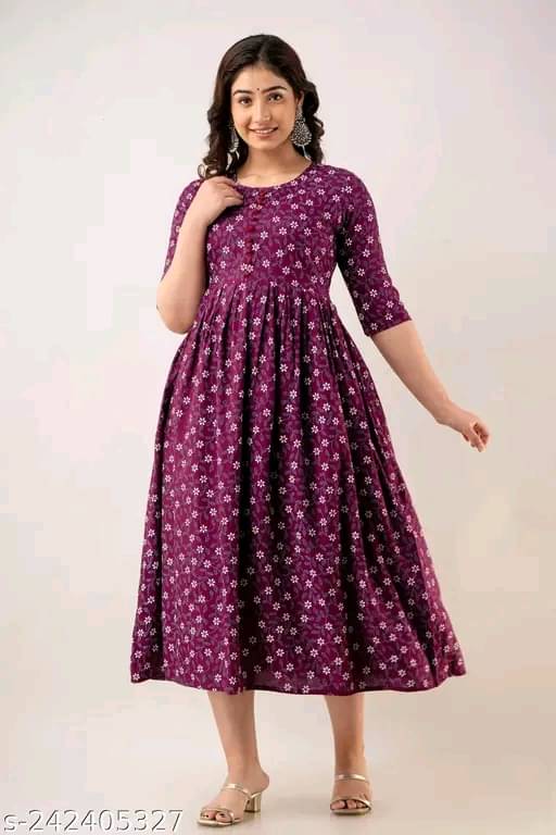 RIAANA Cotton Printed Flared Women's Kurti - Purple ( Pack of 1 )     			RIAANA Cotton Printed Flared Women's Kurti - Purple ( Pack of 1 )