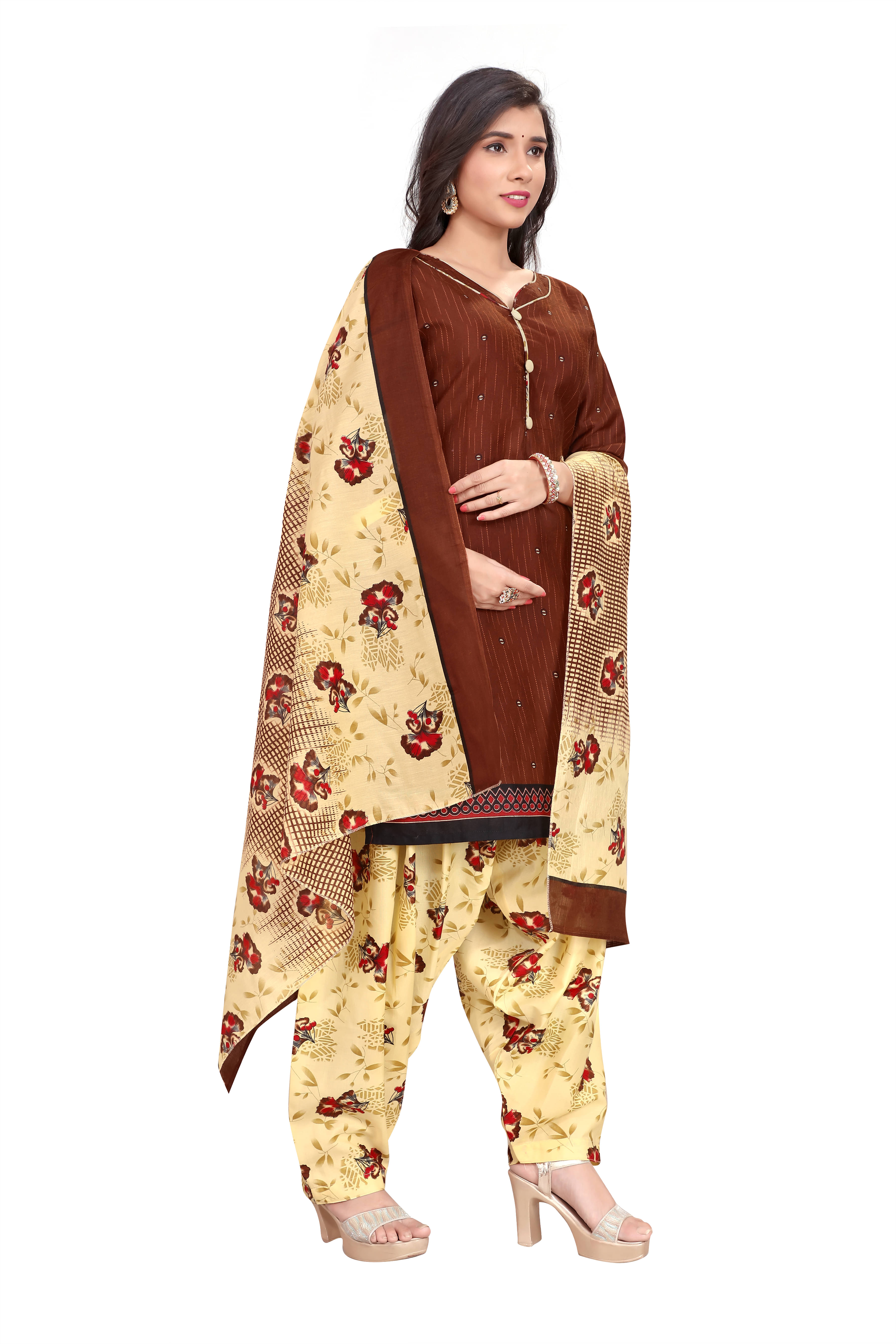     			Rajnandini Women Cotton Blend Printed Straight Kurti With Patiala Salwar ( Brown )
