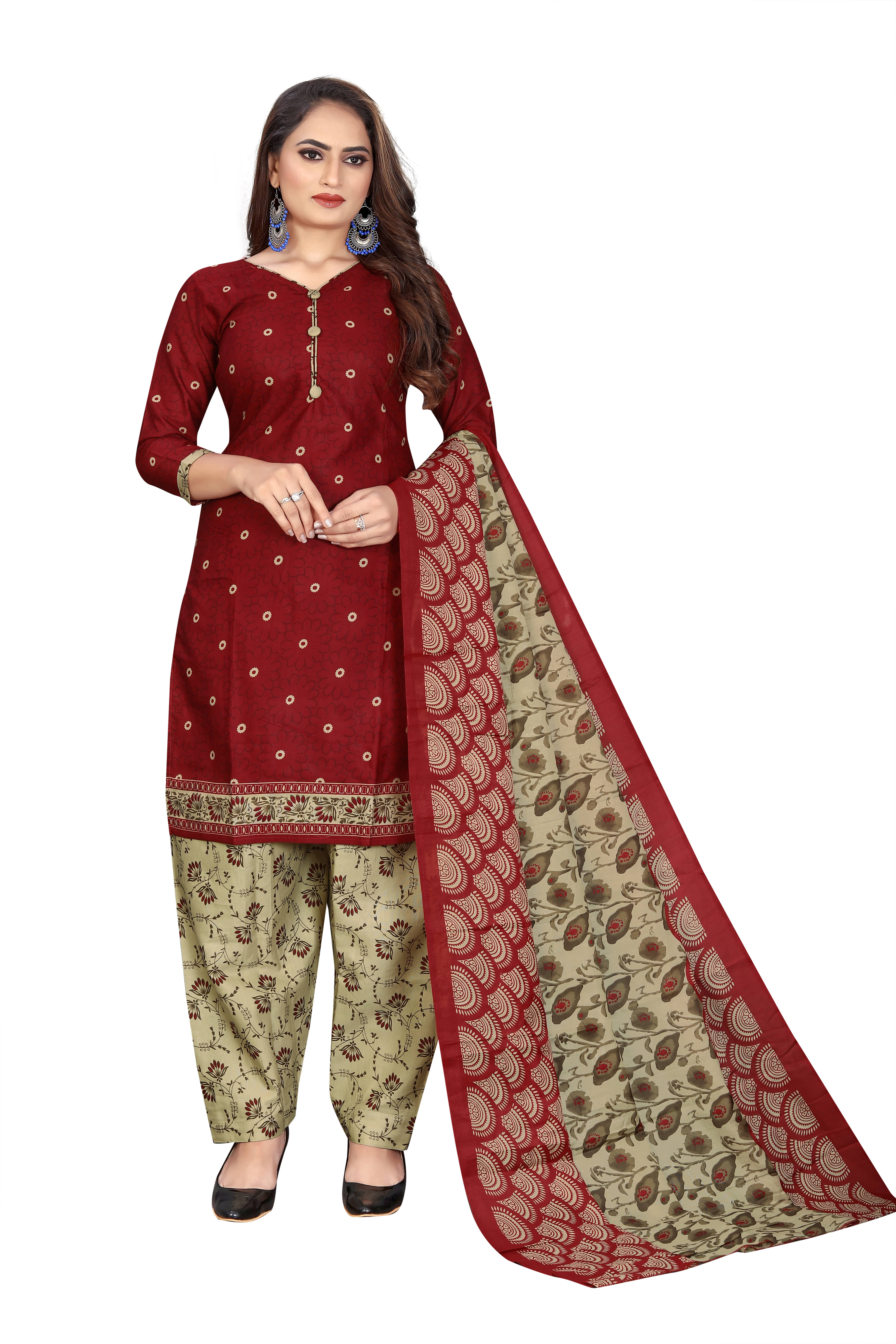     			Rajnandini Women Cotton Blend Printed Straight Kurti With Patiala Salwar ( Maroon )