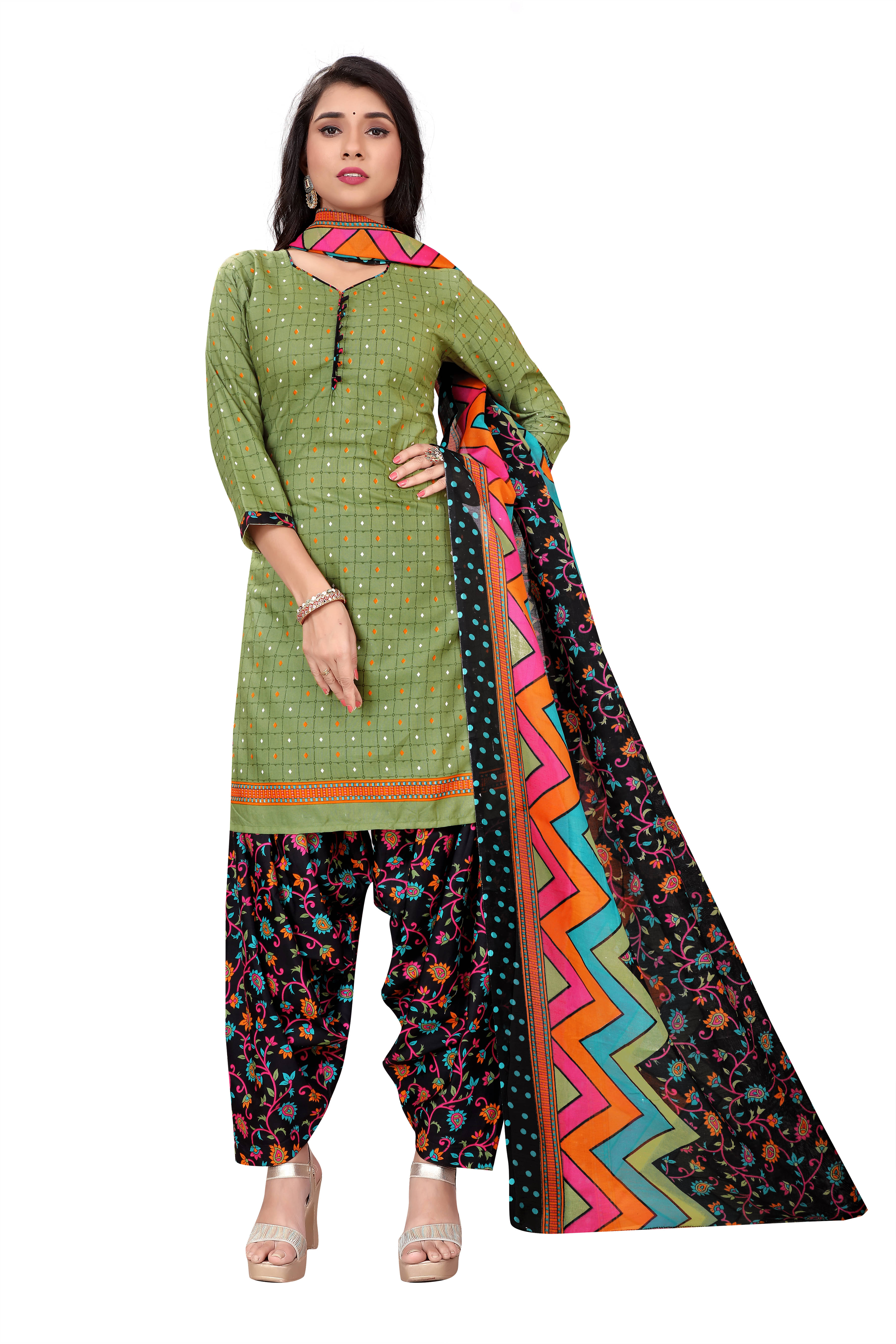     			Rajnandini Cotton Blend Printed Kurti With Patiala Women's Stitched Salwar Suit - Olive ( Pack of 1 )