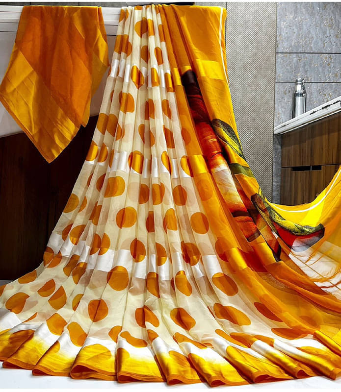     			Sanjana Silk Georgette Printed Saree With Unstitched Blouse Piece ( Yellow )